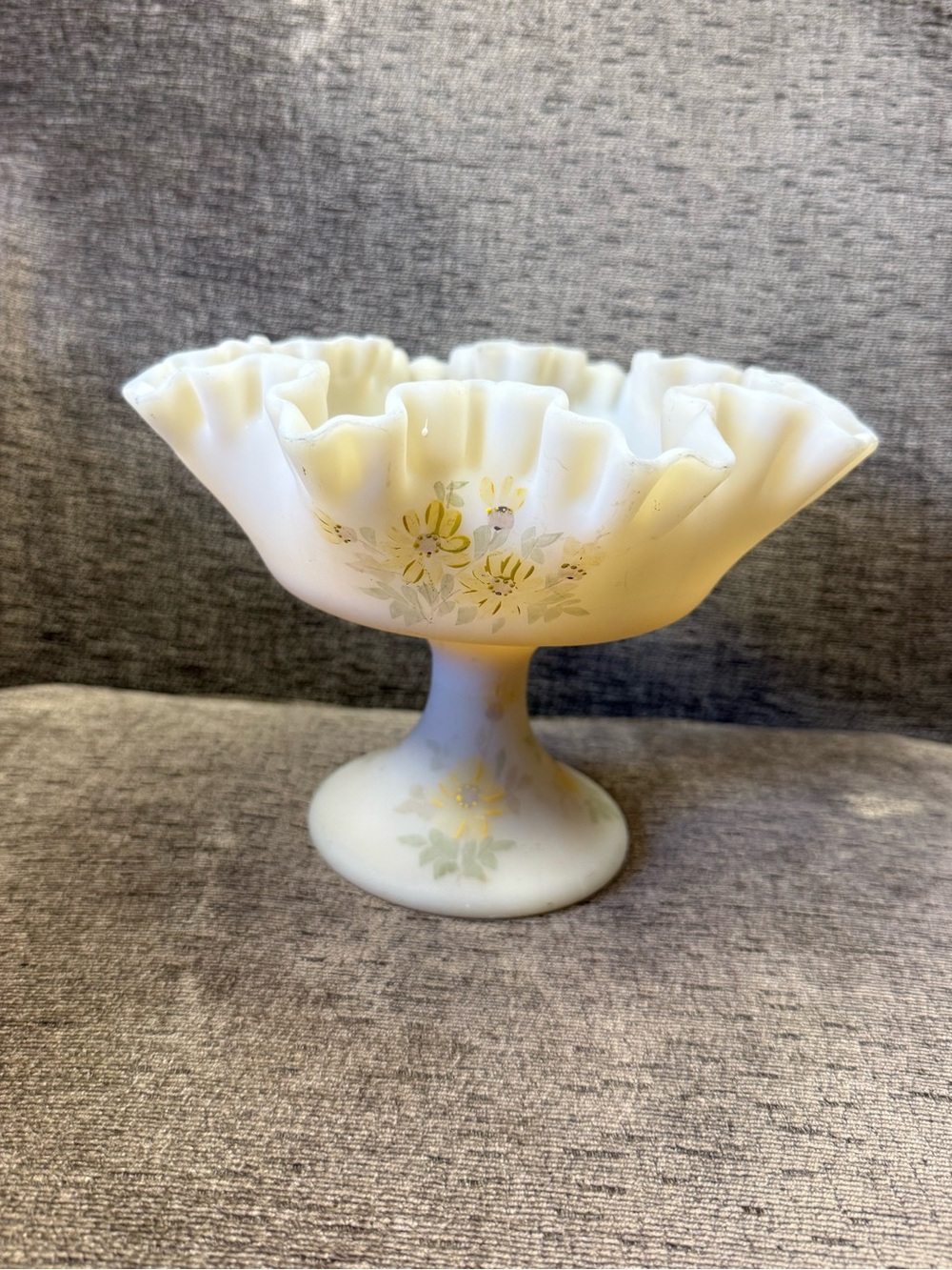 Fenton Custard Hand Painted Signed Floral
Footed Pedestal Compote Candy Dish.